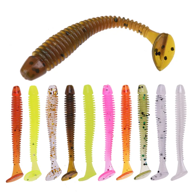 Lote de 50 unidades de señuelos de pesca giratorios de silicona, cebo Artificial de gusano suave de 5cm y 0,8g, aparejos Swimbait para lubina de agua dulce y salada