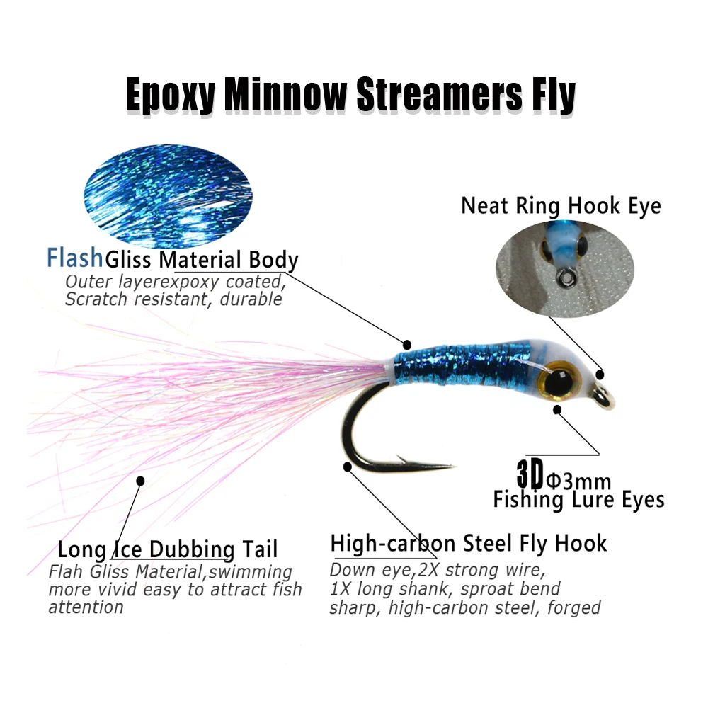 Bimoo, 6 uds., ojos de pez 3D, doblebado de hielo blanco, serpentinas de pececillo epoxi, mosca para lubina, trucha, agua de mar, pesca de agua dulce, moscas, cebos de señuelo - imagen 2