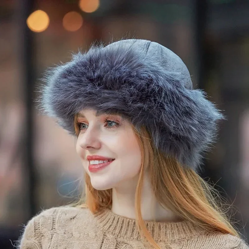 Gorros peludos de invierno cálidos de Color sólido, gorros de moda para mujer, gorros de piel sintética esponjosos, gorro grueso y cálido con orejas para la nieve, accesorios para sombreros a prueba de viento - imagen 4