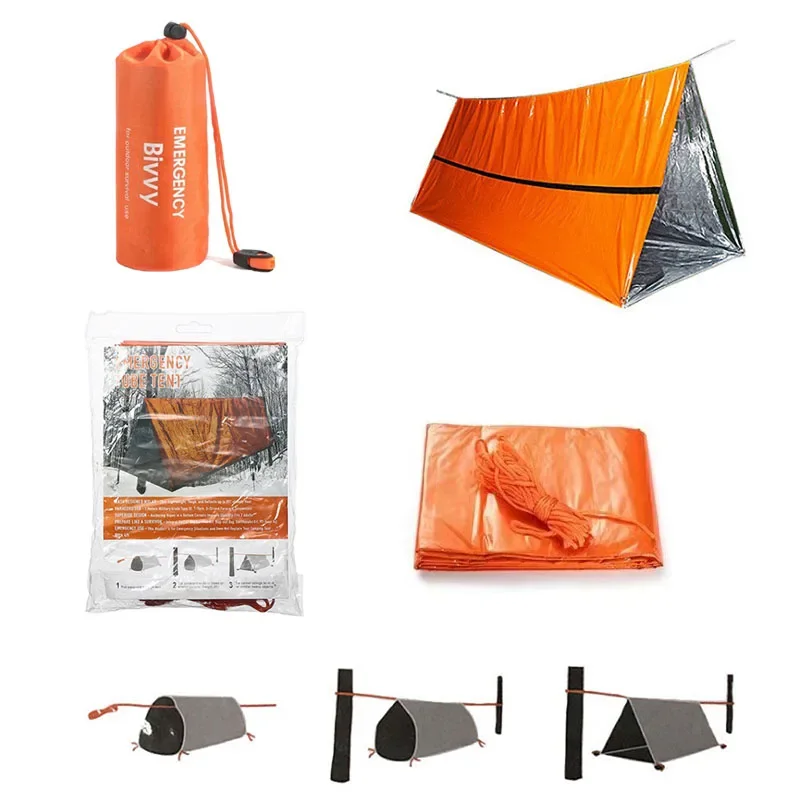 Kit de tienda de supervivencia Bivy, refugio de emergencia para 1-2 personas, tienda de campaña de tubo Mylar, saco de dormir impermeable para exteriores, manta térmica SOS reutilizable - imagen 4