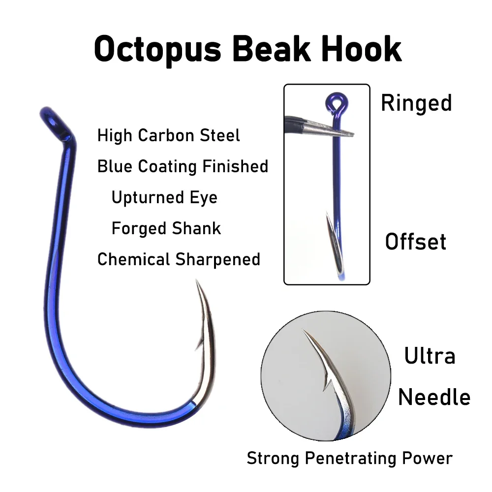 Elllv-anzuelos de pesca de agua dulce y salada, anzuelos de cebo de acero con alto contenido de carbono, con pico de pulpo azul de 100-1/0, 5/0 piezas - imagen 2