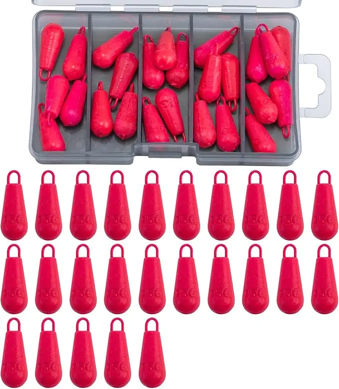 Goture 25 uds plomo de pesca rojo 15g pesas de tiro con caja de almacenamiento para lubina agua salada accesorios de pesca de agua dulce