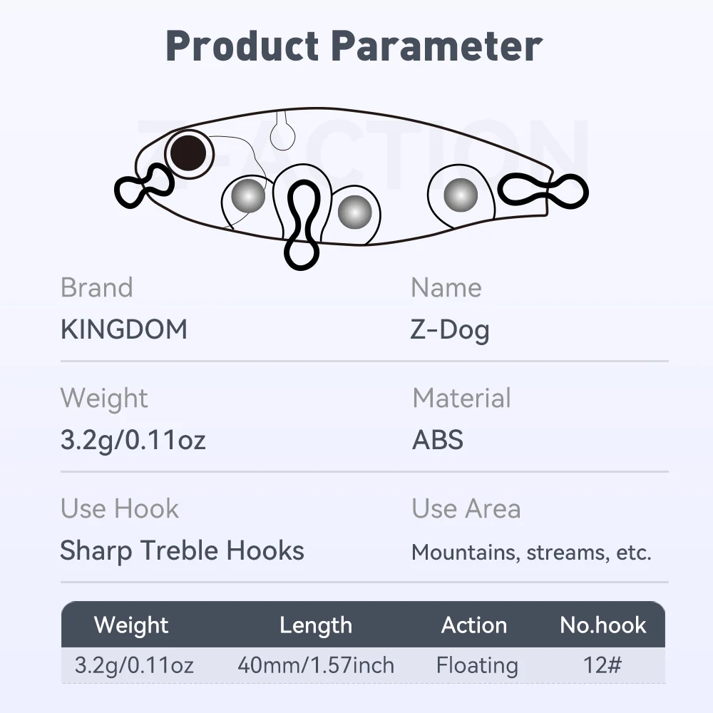 Kingdom Topwater-señuelo de pesca con cebo tipo lápiz flotante, 40mm, 3,2g, Wobblers, acción Z, cebo duro Artificial para trucha, lubina, Lucio - imagen 3