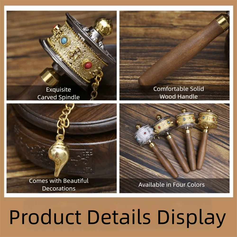 Rueda de oración de giro colorida, mango de madera, aleación de Metal, manivela manual, rueda de oración tallada, artesanía exquisita de cristal