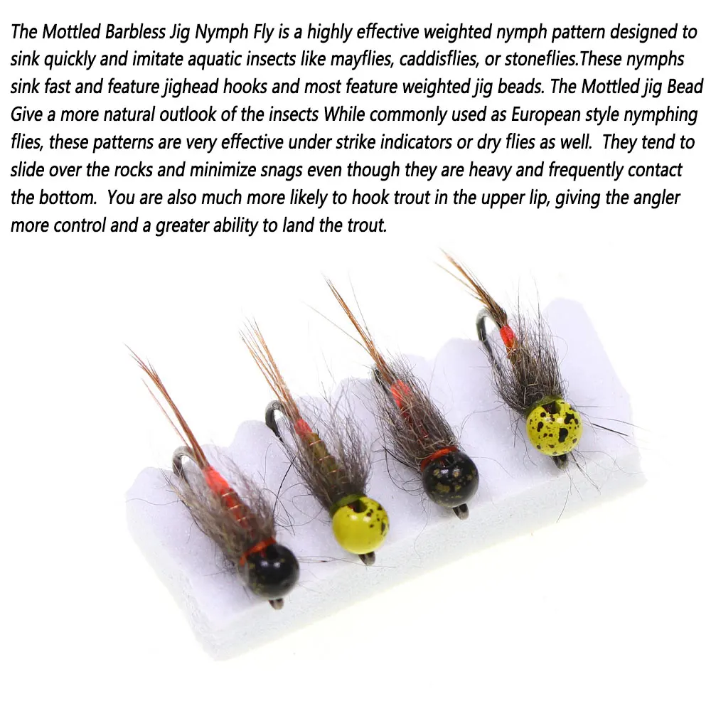 4 piezas # 14 # 16 # Señuelos de pesca con cabeza de cuentas moteadas, plantilla sin púas, Ninfa de hundimiento rápido, cola de faisán, Euro, Ninfa húmeda, trucha, Panfish, 18 - imagen 5