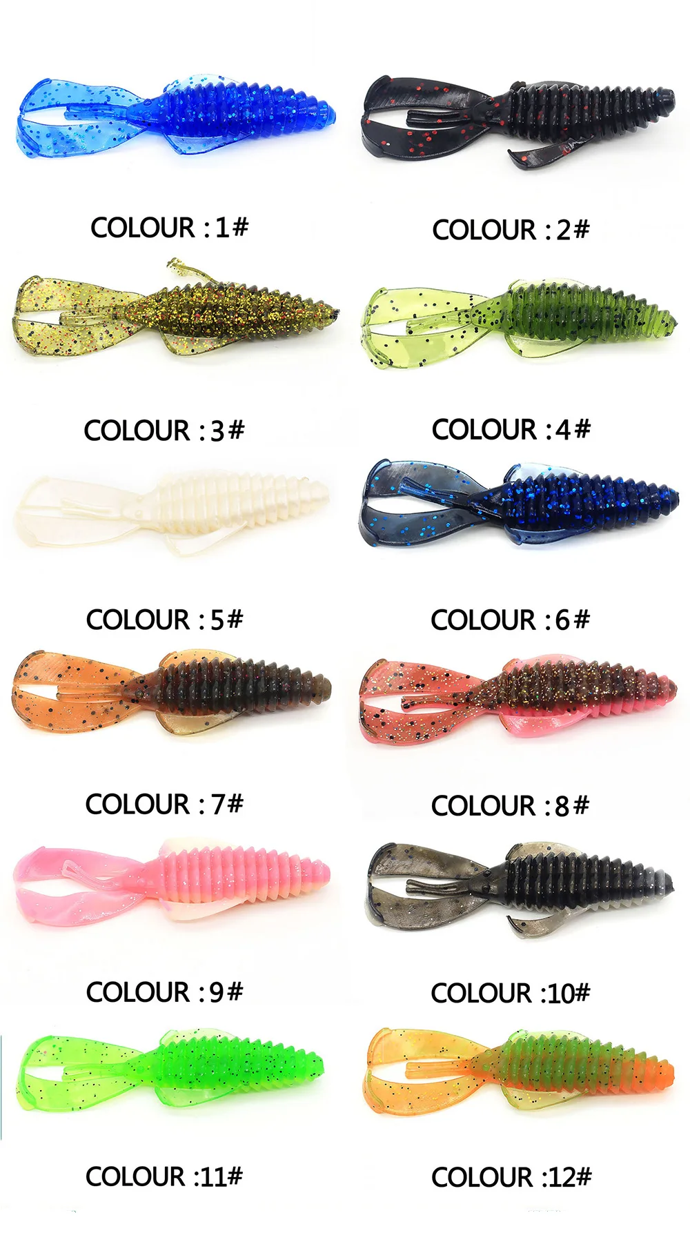 Una fila de señuelos de pesca en diferentes colores