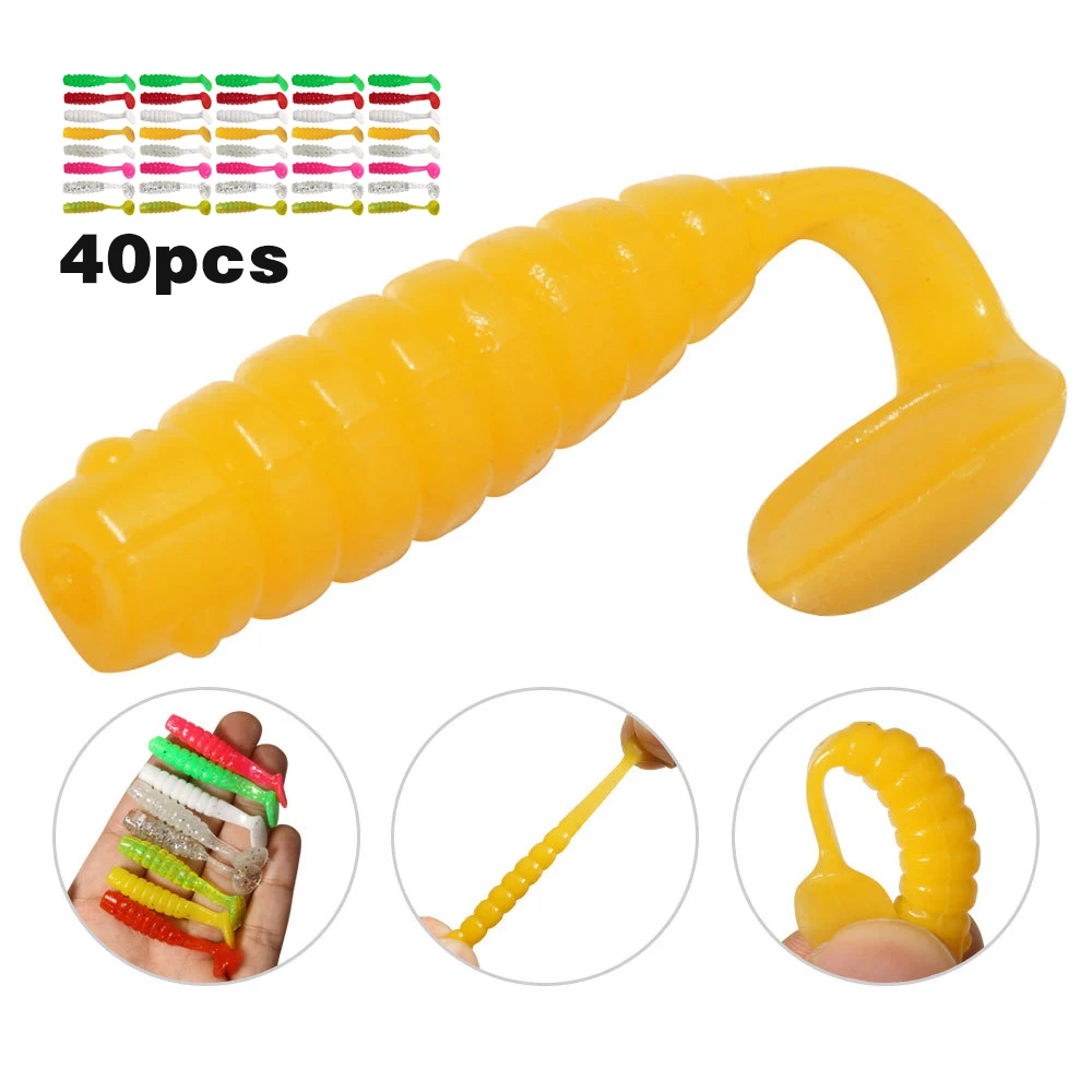 40 Uds 8 colores 5cm1,7g pesca grub gusano suave pequeño señuelo cebo Artificial suave silicona cebo T cola Wobblers señuelos blandos