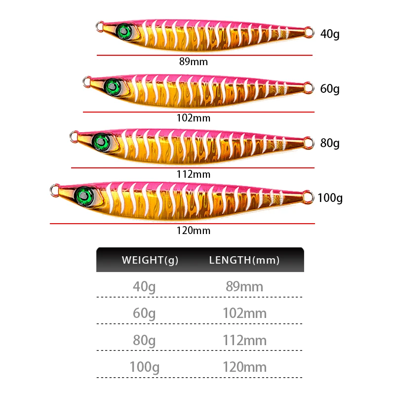 Señuelo de Jigging lento de 40g, 60g, 80g, 100g, plantillas de Metal que se hunden, señuelo de pesca luminoso, agua salada, lubina, cebo Artificial Vertical para lubina - imagen 5