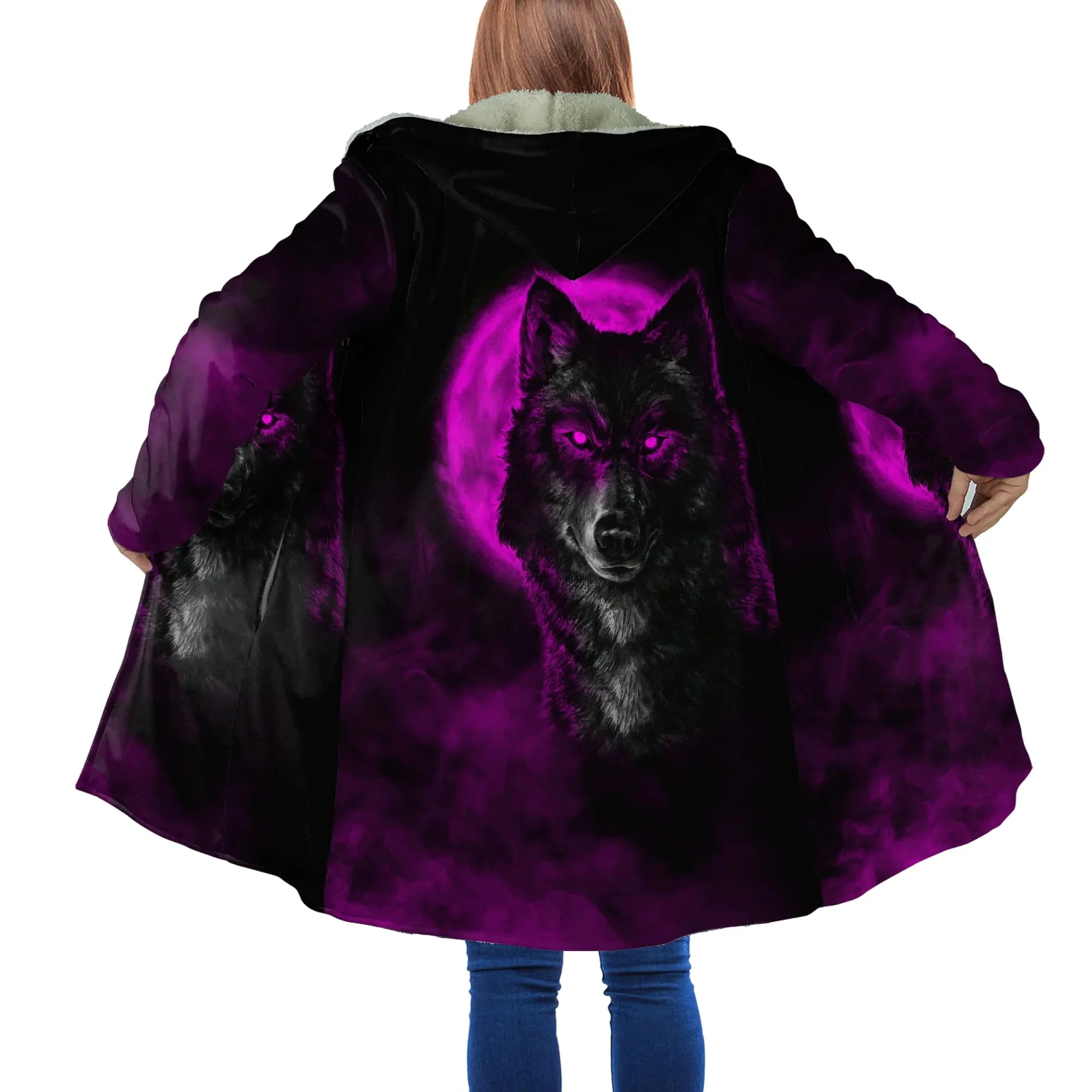 Capa de invierno a la moda para hombre, capa con capucha de lana gruesa con estampado 3D de lobo nativo indígena aborigen, capa cálida informal Unisex DP28 - imagen 3