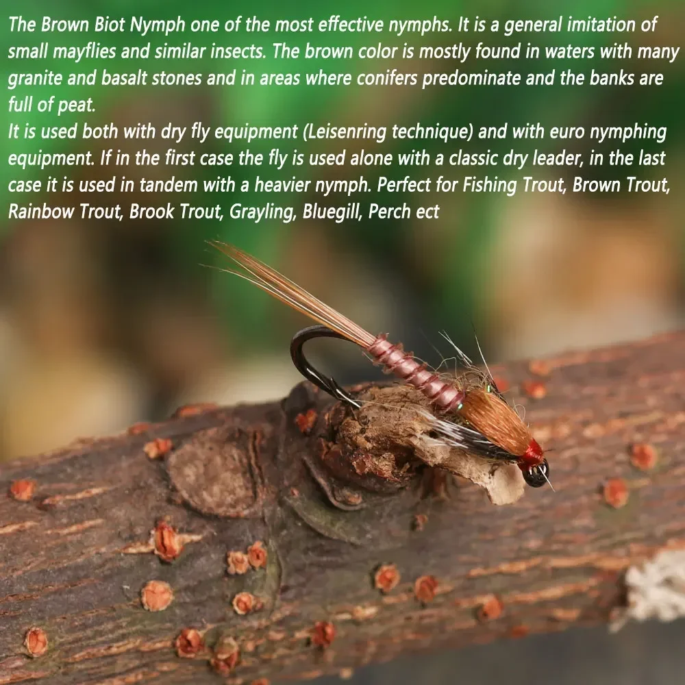 Bimoo 8PCS # 14 marrón Biot ninfa Grizzly Hackle Emergers cebo de insecto de púas artificiales para trucha Grayling perca Señuelos de pesca - imagen 5