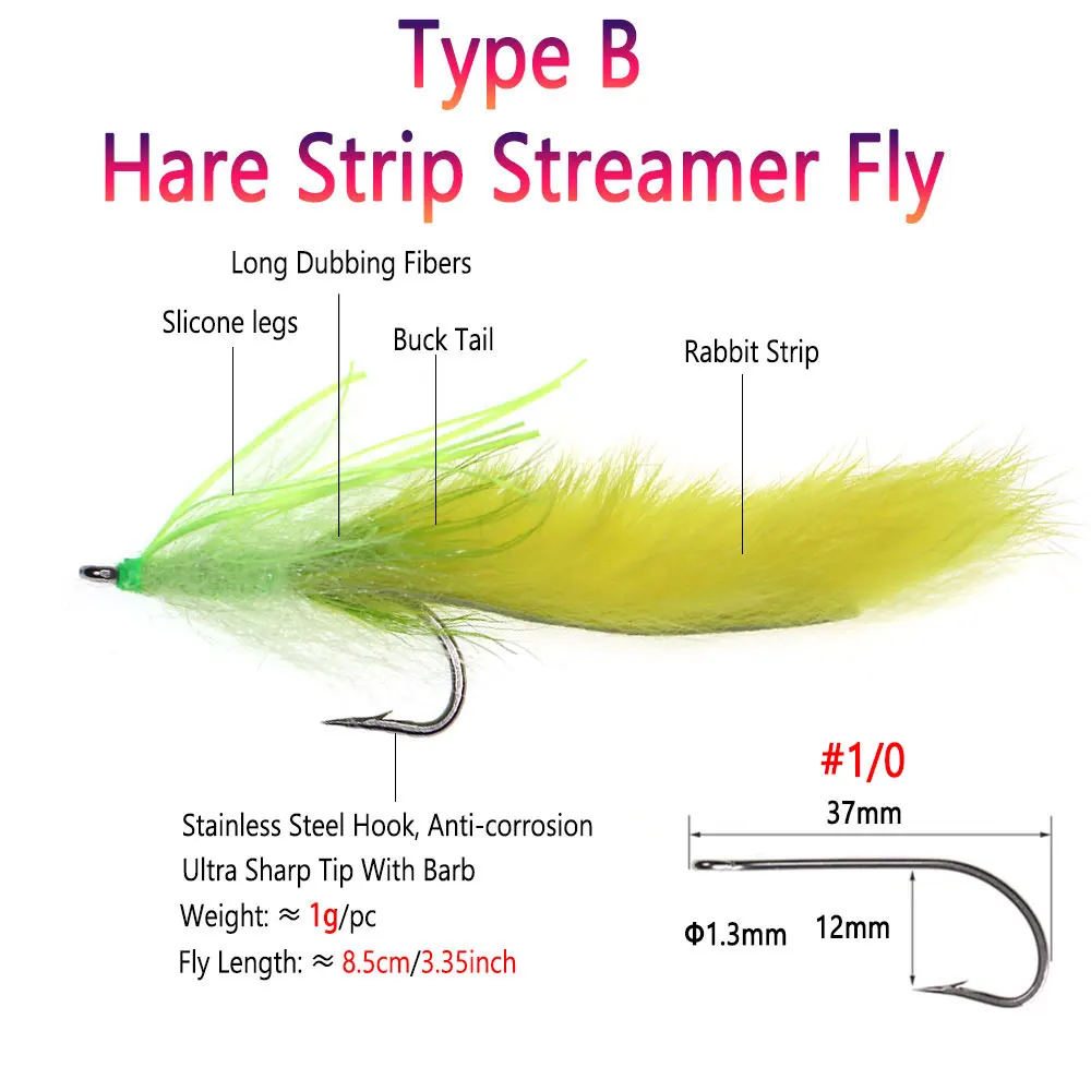 Bimoo-SEÑUELOS de pesca de agua salada, 2 piezas, 1/0, con mancuernas, Ojos de marabú, Streamer, tira de liebre, trucha, Lucio, Steelhead, Musky - imagen 3