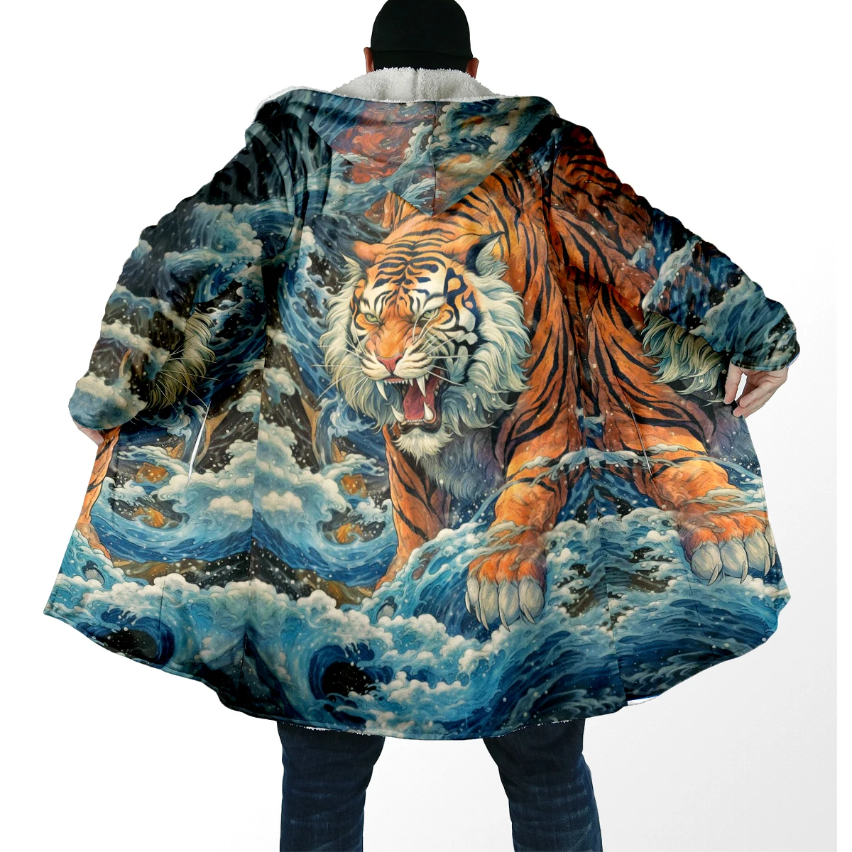 2025 capa de moda de invierno para hombre, capa con capucha de lana gruesa con estampado 3D de tigre Animal, capa cálida informal Unisex DP92 - imagen 2