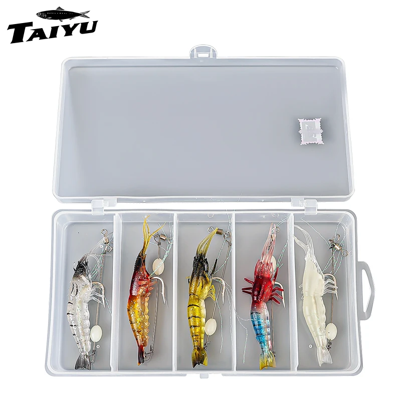 TAIYU 5 unid/set Kit de Señuelos de Pesca cebos blandos luminosos señuelo de camarón con gancho afilado cuenta para aparejos de pesca de agua dulce y salada