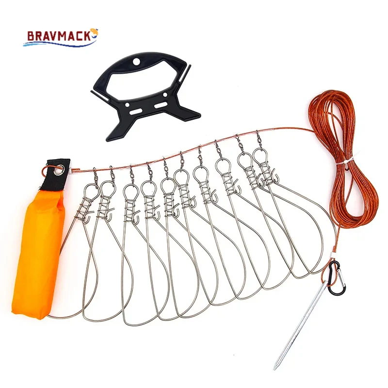 Candado de pesca de 5M, herramientas de hebilla de pesca, hebilla de bloqueo de pesca con carrete, cordón de acero inoxidable, cinturón de bloqueo de pescado, aparejos de pesca Stringer