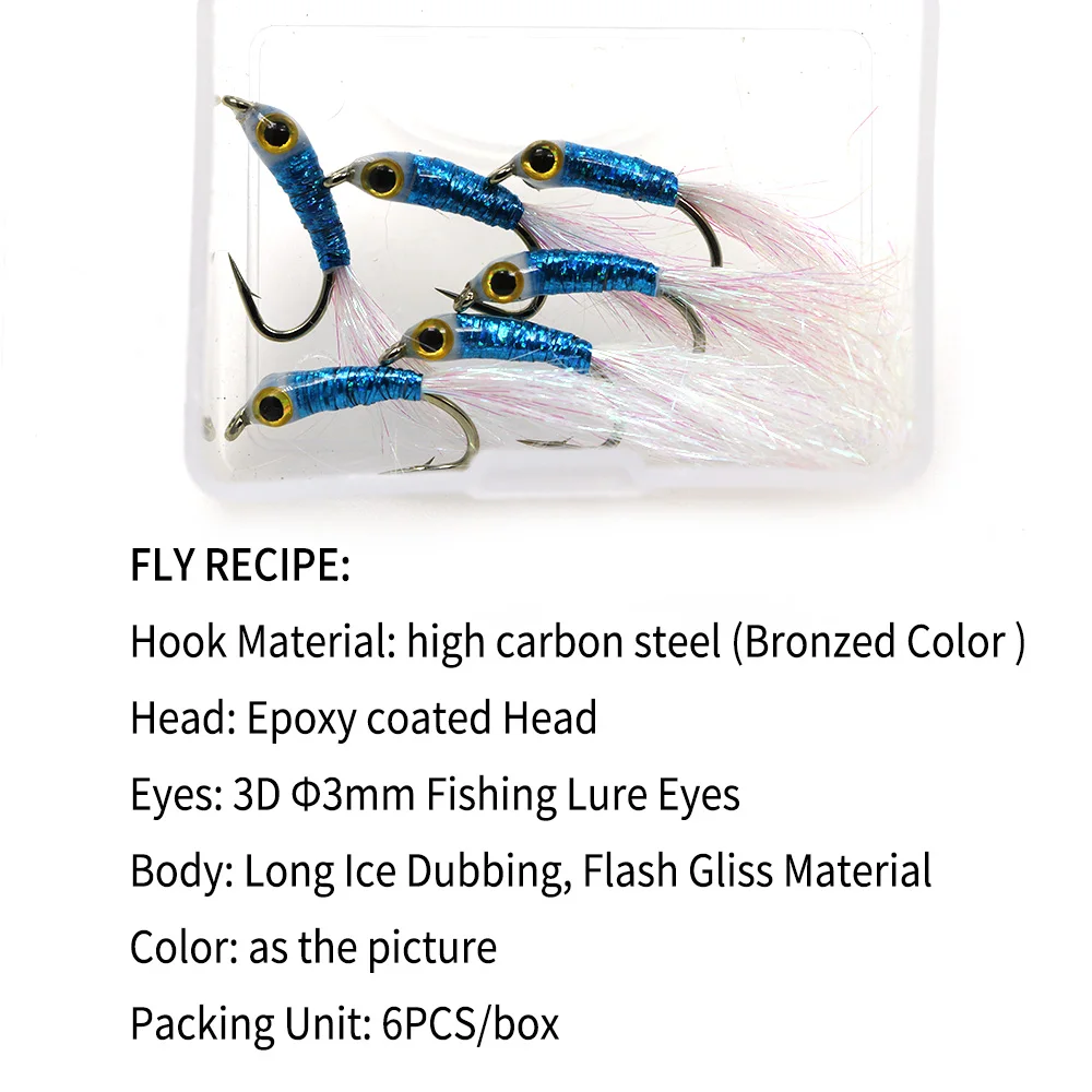 Bimoo 6 unids/caja epoxi Minnow Streamer Fly # 8 # 10 # 12 azul Flash Gliss cuerpo hielo doblado cola trucha bajo perca Jig señuelo cebo - imagen 4