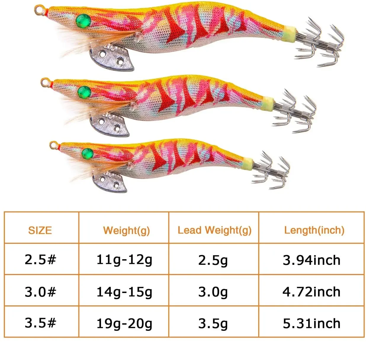 WHYY-señuelo de pesca de 10 unids/bolsa, anzuelo de calamar, JIg Sinker 2,5 #3 #3,5 #, cebos luminosos de mar, pulpo, sepia, camarón, ojos 3D - imagen 5