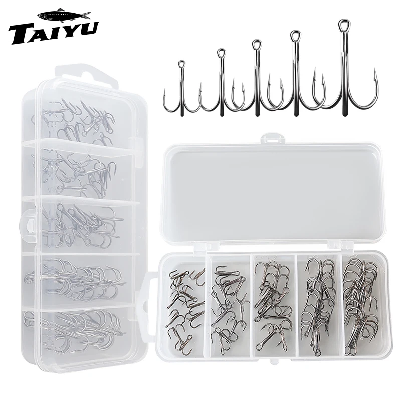 TAIYU 51 unids/set ganchos triples negros de alto níquel y carbono ganchos sólidos súper afilados 10 # -2 # Accesorios de pesca con anzuelo de pesca