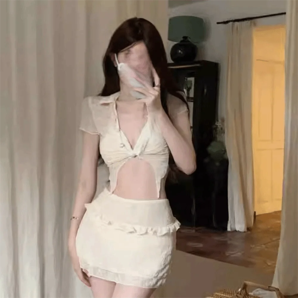 Nuevo Traje de baño de tres piezas de manga corta, traje de baño liso con volantes, traje de baño adelgazante de cintura alta, ropa de playa - imagen 4