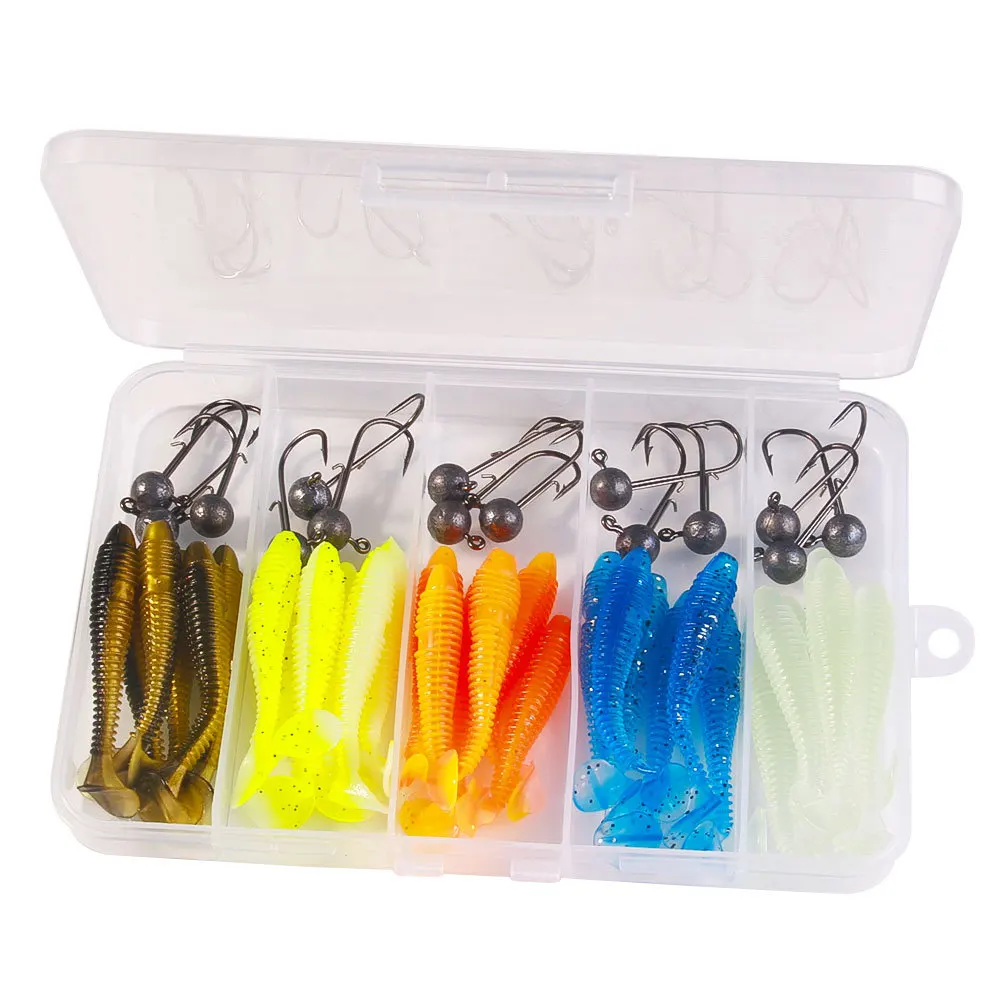 Juego de Señuelos de Pesca TEXAS RIG, 65 Uds., Swimbait, caja de juego de Señuelos de Pesca con cabeza de plantilla, cola en T, señuelo suave, cebo de agua dulce y salada - imagen 4