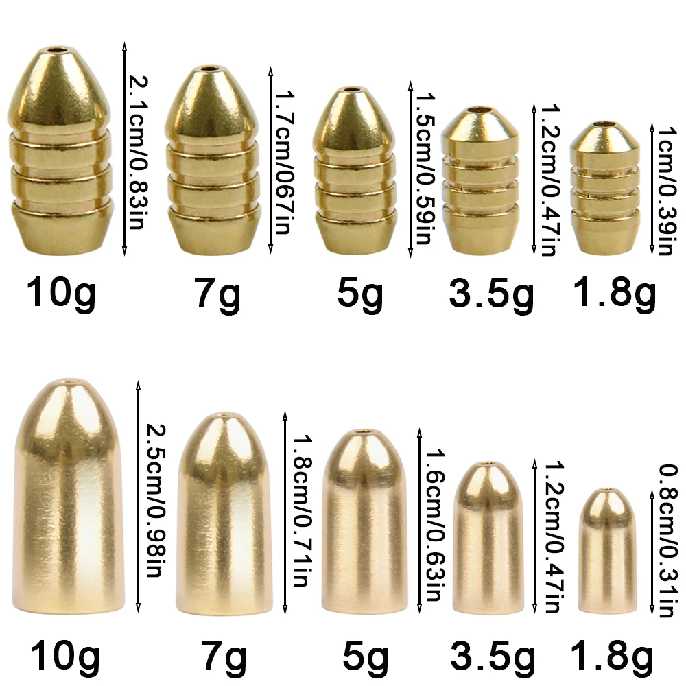 Plomos de pesca de latón con forma de bala, pesas de plomo de cobre, gancho de plantilla, conector de anillo giratorio, herramientas de aparejos de pesca para Texas Rig, 5 piezas - imagen 2
