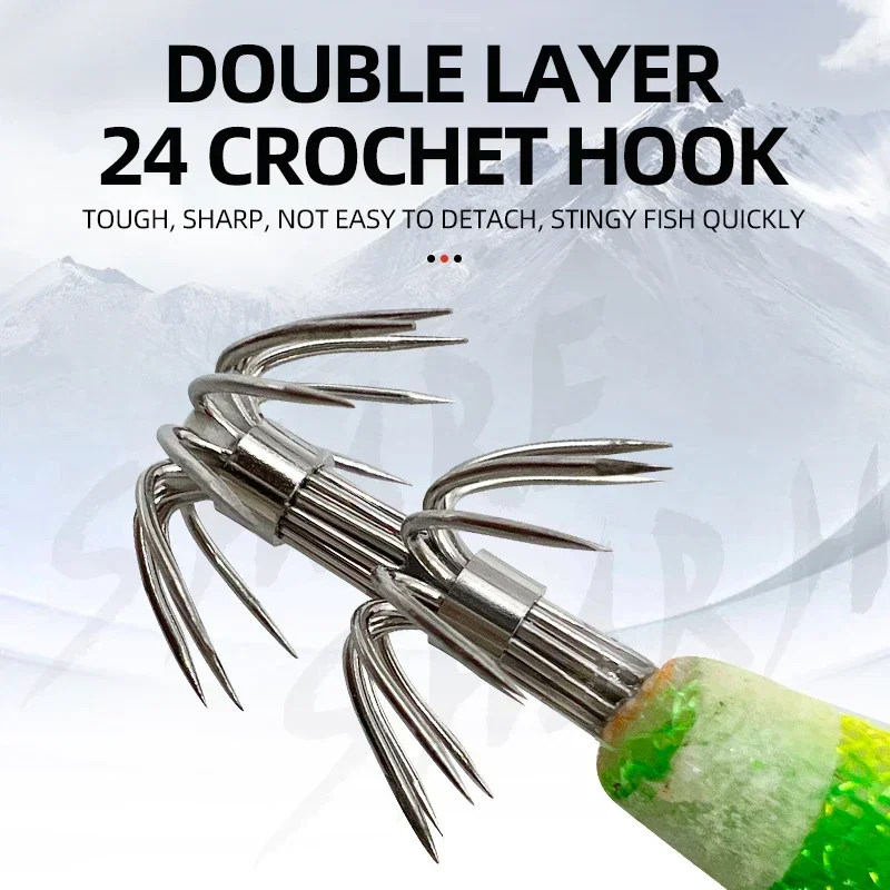 Nuevo 10 unids/bolsa, plantilla de calamar y camarones de madera que brilla en la oscuridad, nuevo estilo, señuelo de pesca, plantillas luminosas de calamar con 2,5 # ,3.0 # ,3.5 # Cebo de pesca con anzuelo - imagen 2