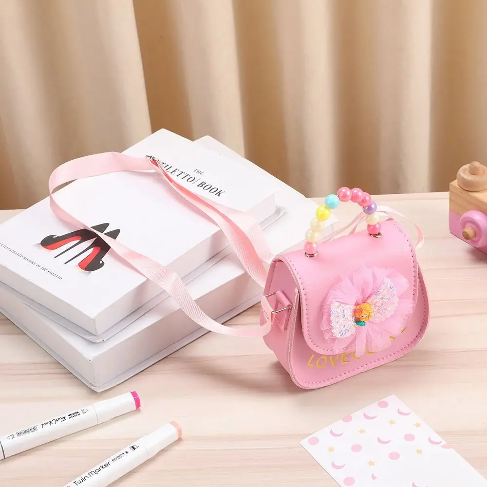 Bolso bandolera creativo con flores para niños, bolso de hombro con perlas de cuero PU, bandolera con lazo de dibujos animados - imagen 4