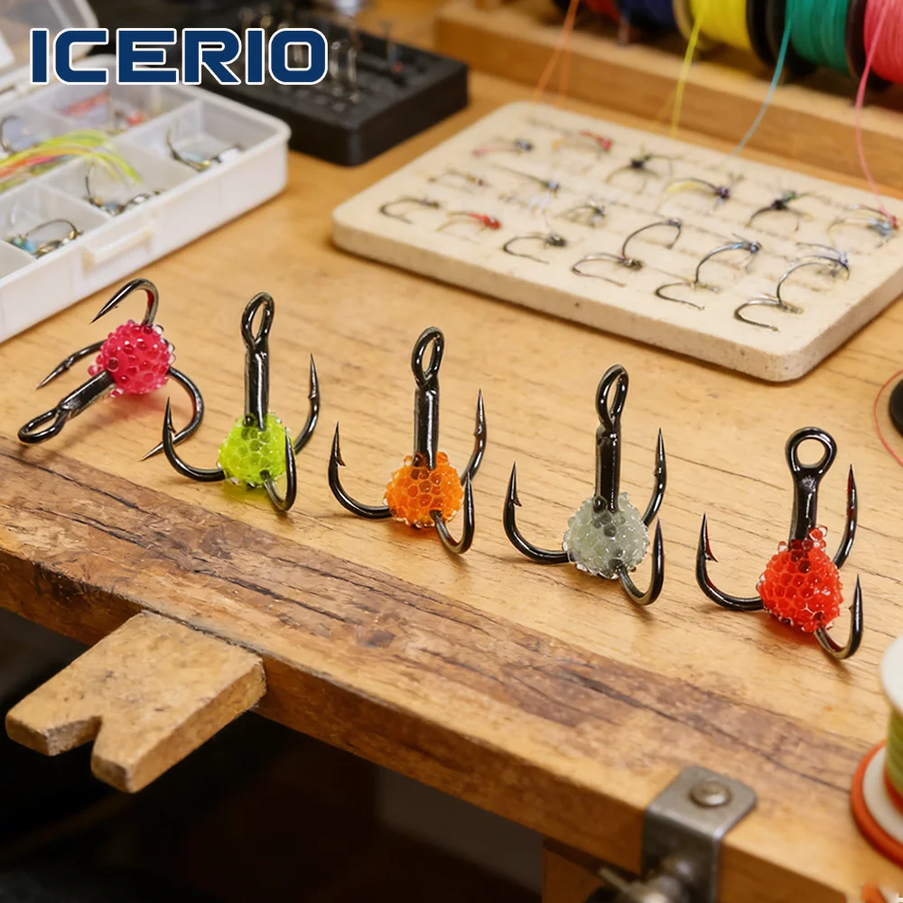 ICERIO 3 piezas/5 piezas # 8 # 10 # 12 # 14 anzuelos triples para Pesca en hielo, huevas de pescado UV realistas, Pesca de invierno, tipo de pez, lubina, Panfish, Señuelos de Pesca