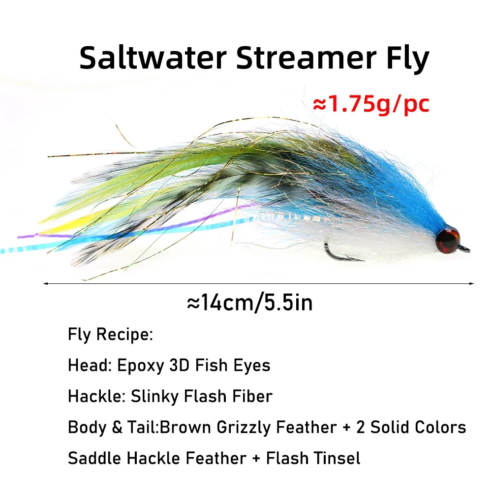 Ellllv 5,5 ′′ Streamer Pike Fly Grizzly Saddle Hackle ojos 3D 2/0 Stinger Hook Big Baitfish señuelo para lubina especie de agua salada almizclada - imagen 3
