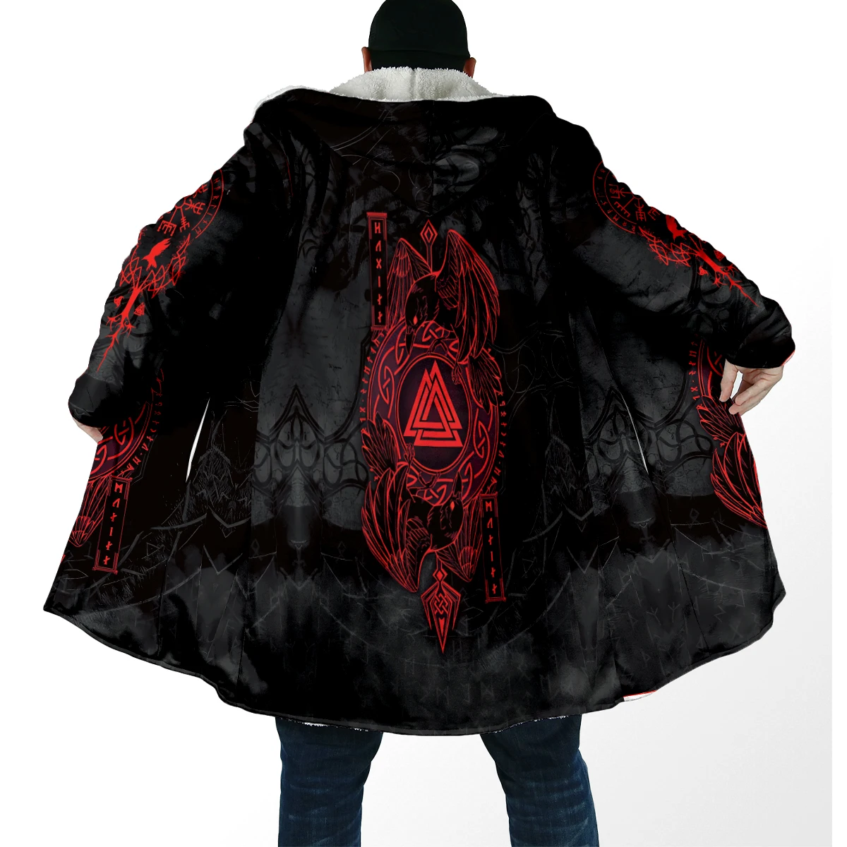 Capa de invierno a la moda para hombre, tatuaje de dragón, Vegvisir Rune, estampado 3D, capa gruesa de lana con capucha, capa cálida informal Unisex DP88 - imagen 5