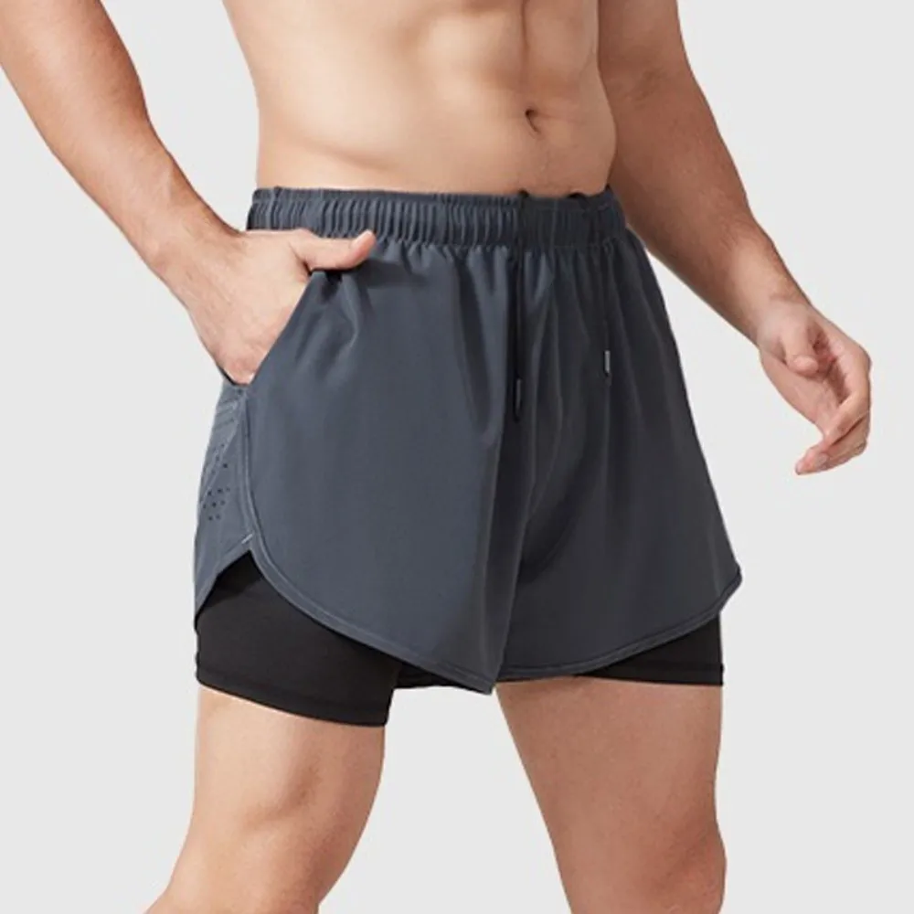Pantalones cortos deportivos lavables 2 en 1 de secado rápido con bolsillo, ropa deportiva para hombre, pantalones cortos de ciclismo con rayas reflectantes transpirables para gimnasio - imagen 2