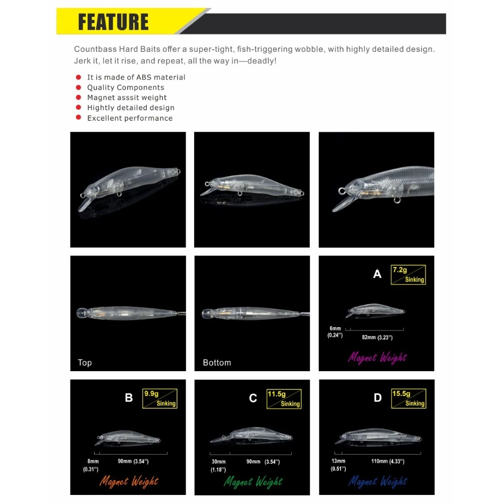 Countbass-señuelos duros en blanco que se hunden, sistema magnético, 80mm/3,2 ", 90mm/3,5", 110mm/4,3 ", cebo de pesca sin pintar, Wobblers de pececillo, 10 Uds. - imagen 5