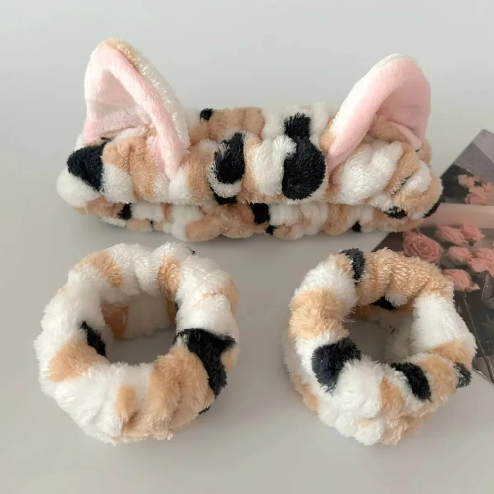 3 unids/set de diadema con orejas de gato con estampado de leopardo, diadema elástica de lana Coral para lavar la cara, accesorios para el cabello, correa de muñeca suave - imagen 2