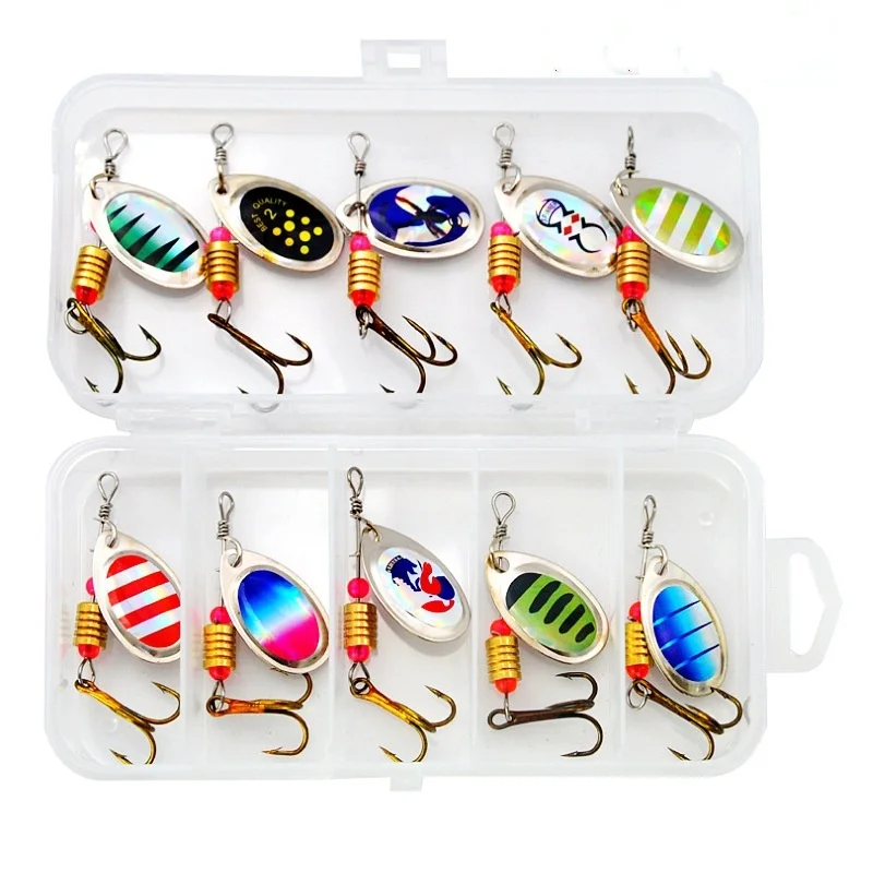 Señuelo de pesca Spinner, cucharas giratorias, 10 piezas, Kit de señuelos, cebos compuestos, cebo giratorio de 3,5g, anzuelos triples