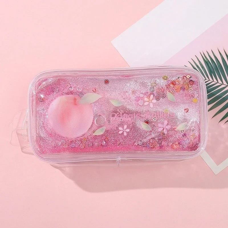 Estuche para lápices con arena movediza transparente de aguacate, estuche para lápices de gran capacidad con dibujos de melocotón, estuche de papelería, bolsa de cosméticos portátil - imagen 5