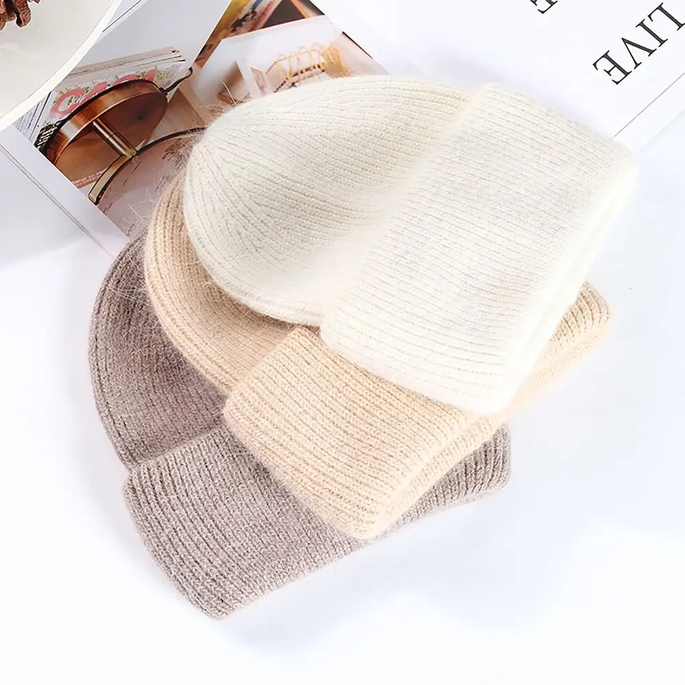Gorros de invierno de piel de conejo para mujer, gorro cómodo de colores sólidos, jersey de tres pliegues, gorro suave a prueba de viento, gorra para mujer y Niña - imagen 5