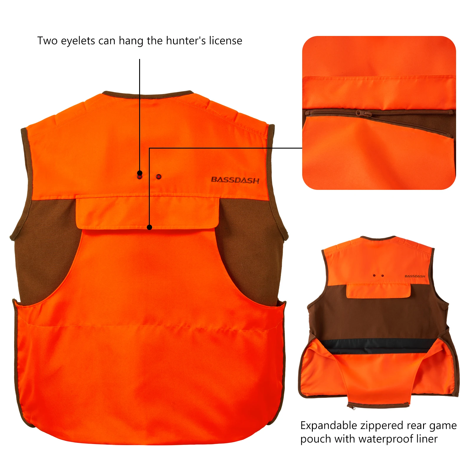 Bassdash Unisex Upland Game Field Chaleco de caza de aves resistente al agua con múltiples bolsillos Marrón/Naranja Hombres Mujeres FV11 - imagen 3