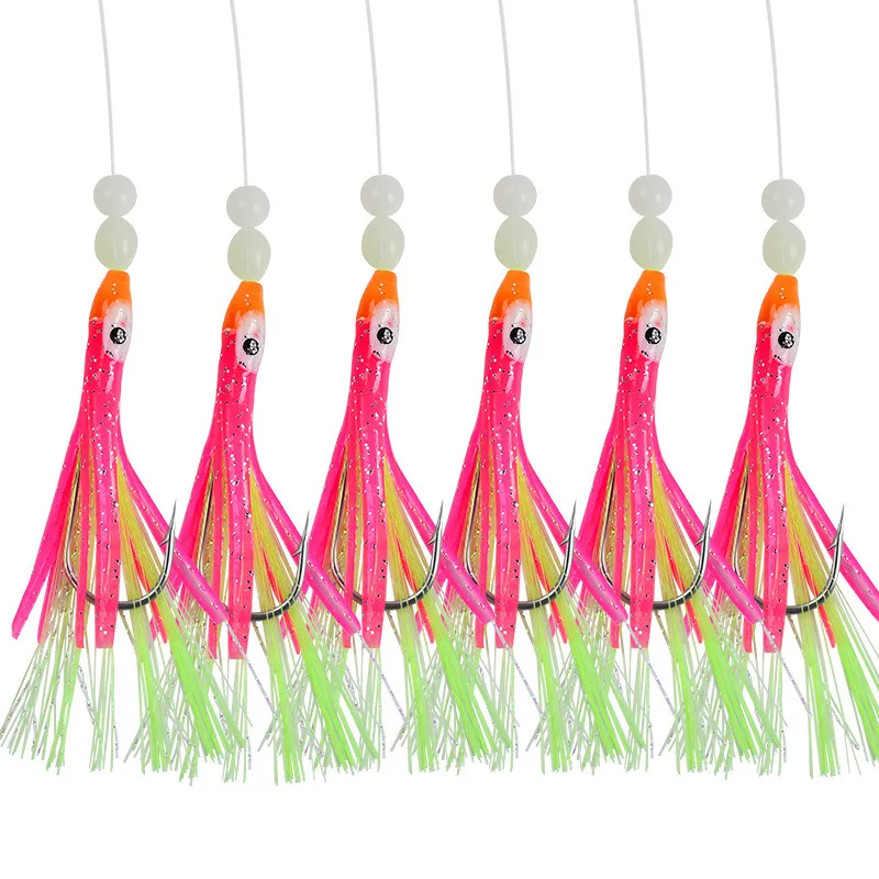 1 Juego de 6 anzuelos luminosos, plumas de caballa de pulpo, aparejos de cebo Sabiki con señuelos de cuerda, aparejos de pesca de calamar y maratón, juego de Señuelos de Pesca - imagen 5