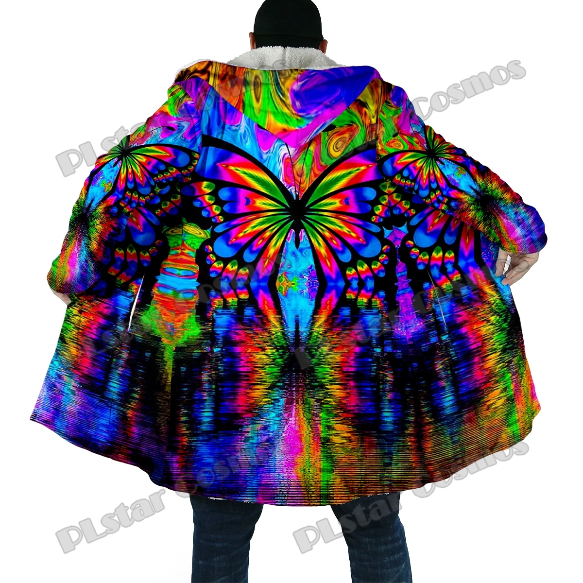Capa con capucha de lana gruesa estampada en 3D para hombre, abrigo cálido informal Unisex, mariposa y flores, moda de invierno, DP42 - imagen 4