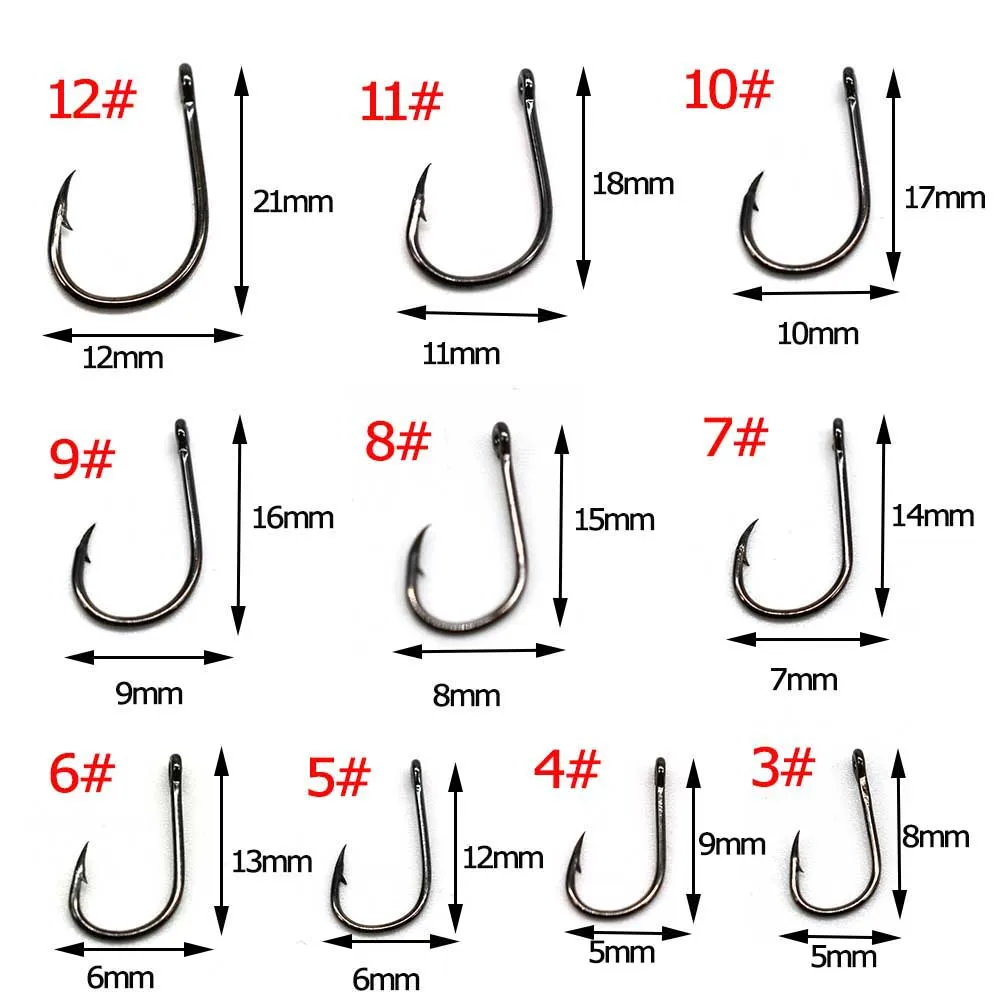 MNFT-Juego de anzuelos de pesca, caja de anzuelos de pesca con púas de acero al carbono, tamaño 3-12 #, 200 piezas - imagen 3