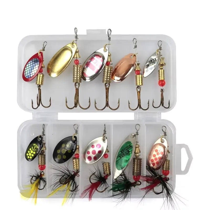 10 unids/lote cebos de cuchara de pesca Spinner señuelo 3g-7g pesca Wobbler señuelos de Metal Spinnerbait Isca Artificial gratis con caja