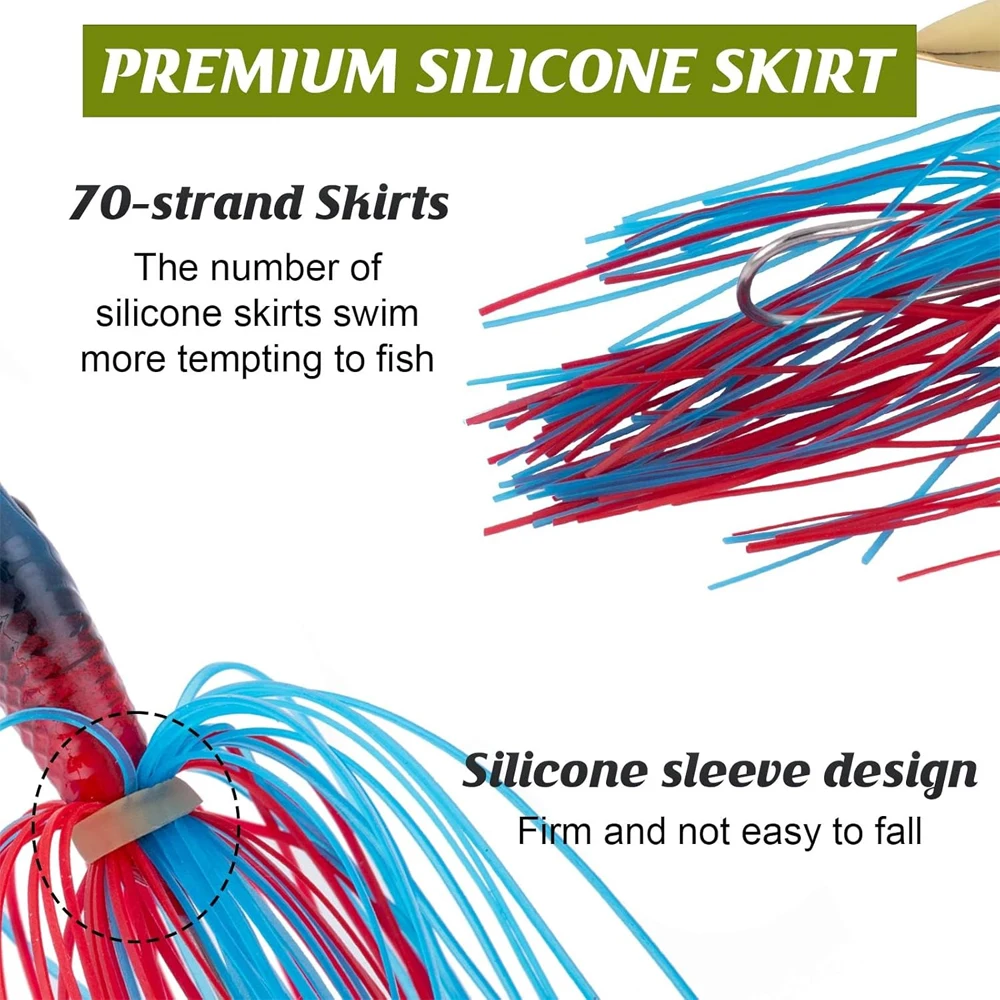 Experimente el encanto de las faldas de silicona premium con diseños de 70 hilos que ofrecen durabilidad y un atractivo visual cautivador para sus aventuras de pesca