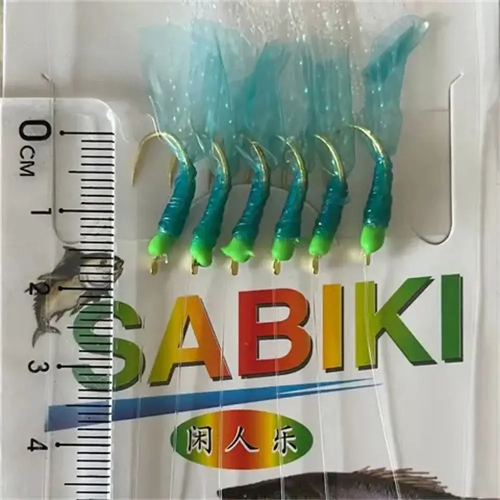 Aparejos Sabiki de goma verde, anzuelos dorados, señuelos de plumas, anzuelos de cuerda de pesca, anzuelos atados, acero al carbono, señuelo Sabiki para agua salada - imagen 3