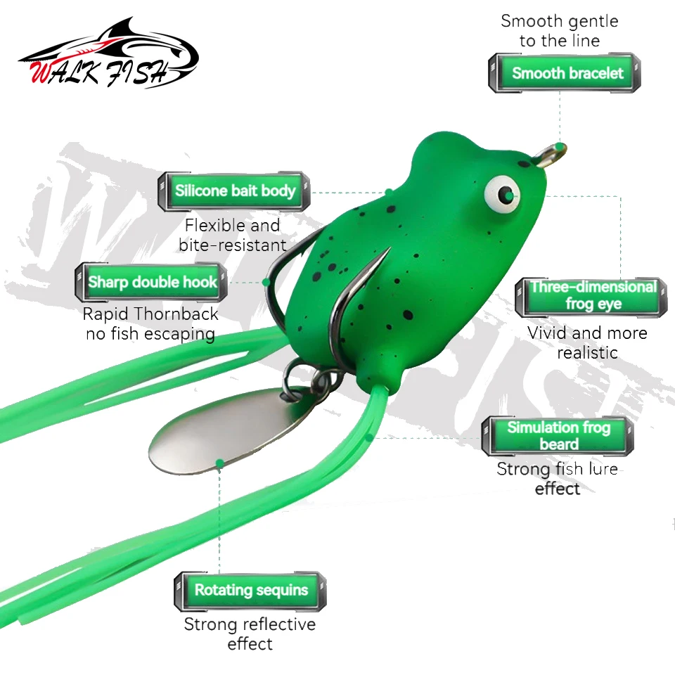 WALK FISH-Juego de Mini señuelo de pesca de rana suave, cebo falso de sapo Thunderfrog, diseño de ojos 3D con 2 ganchos, accesorios de aparejos de pesca, 1 Juego - imagen 4