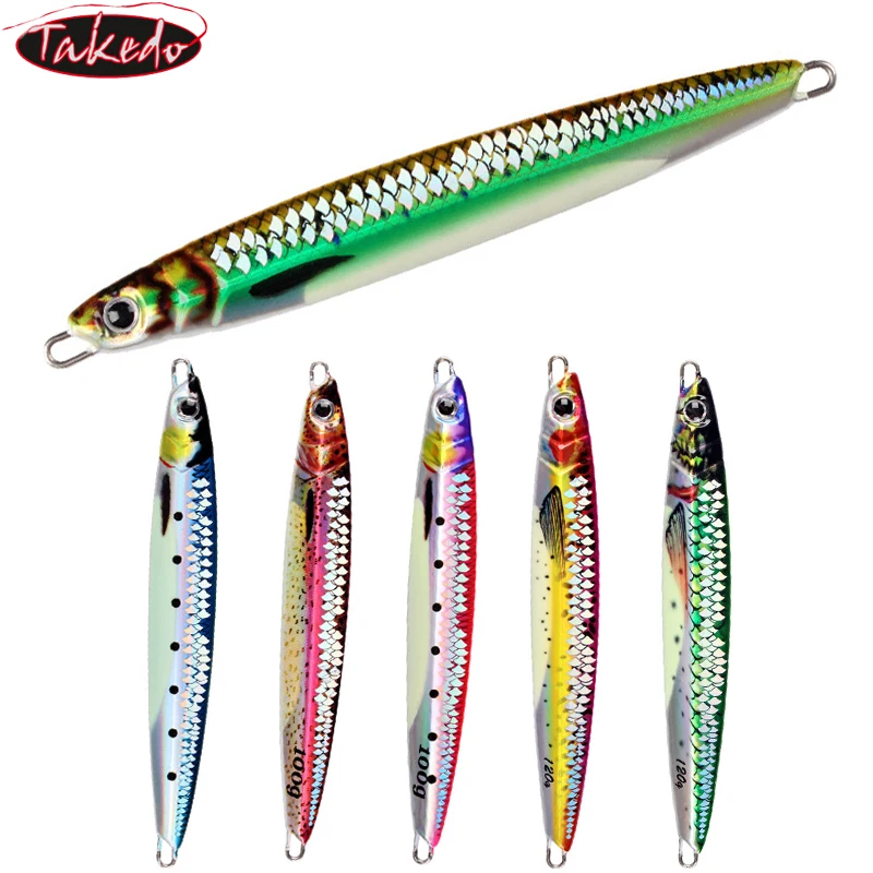 TAKEDO-señuelo de pesca Jigging con impresión 3D, 60G, 80G, 100G, 120G, 150G, Señuelos de Pesca de agua salada, capa de pintura UV, anzuelos de cuchara de Metal de hundimiento rápido