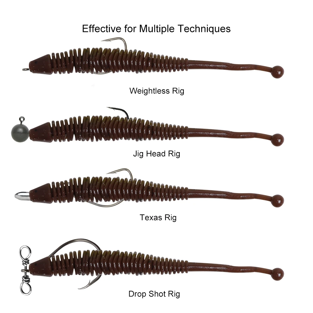 Señuelos de plástico suave para pesca, cebo de silicona de 80mm, de gusano loco, para agua dulce, Texas Rig Bass Walleye Catfish Crappie, 10 piezas - imagen 2