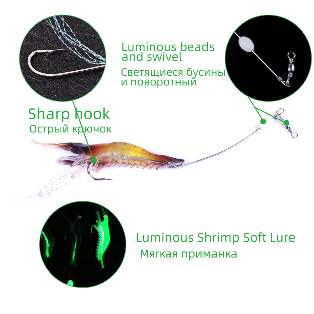 Señuelo suave de camarón luminoso, cebo Artificial de silicona con anzuelos, giratorios, juego de aparejos de pesca, 80mm/6g, 3 uds. - imagen 3