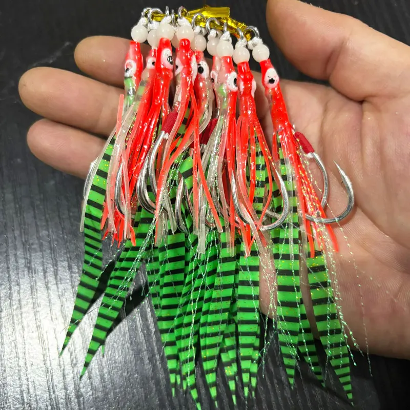 10 unids/lote falda de silicona anzuelo de pesca anzuelos de asistencia brillante con faldas de calamar Lumious Slow Jig accesorios de pesca de mar - imagen 3