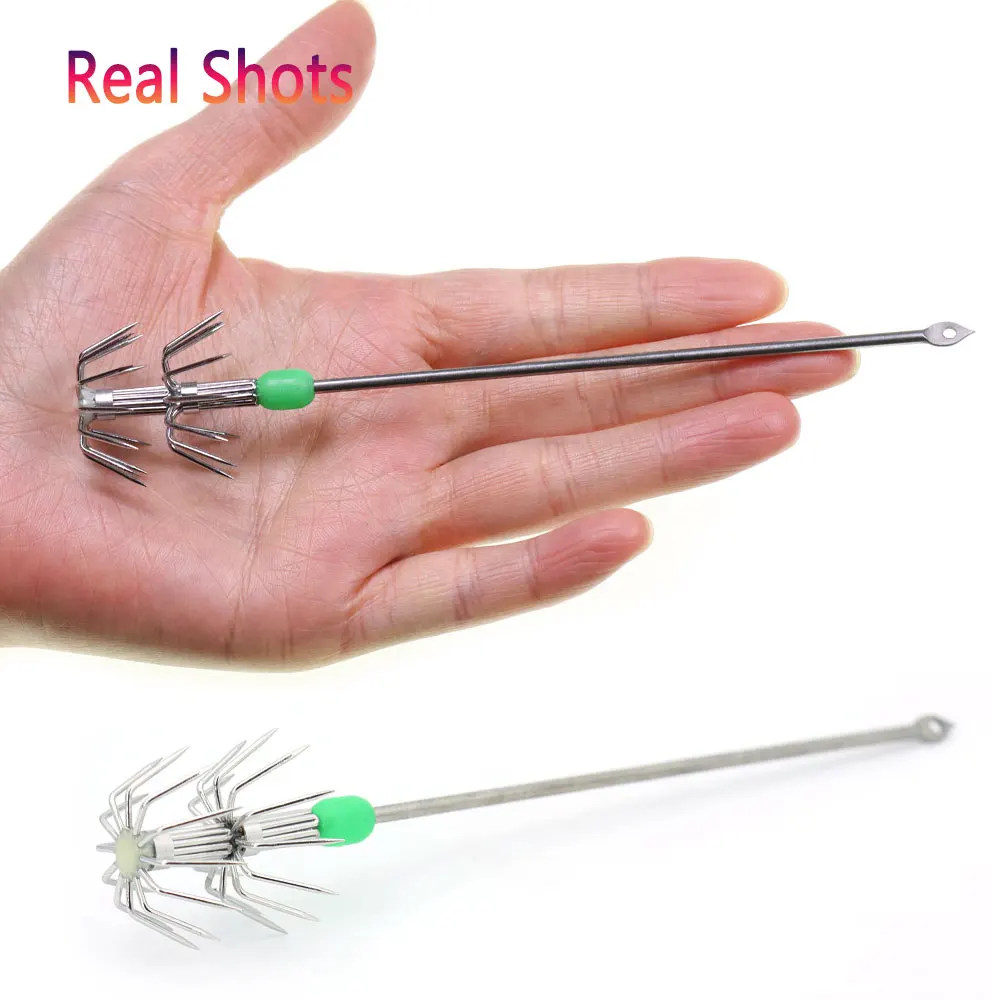 4 Uds. Gancho luminoso de acero inoxidable de doble capa para paraguas, anzuelo largo de calamar, anzuelo para sepia, camarones, calamares, pulpo, Señuelos de Pesca de Mar - imagen 5