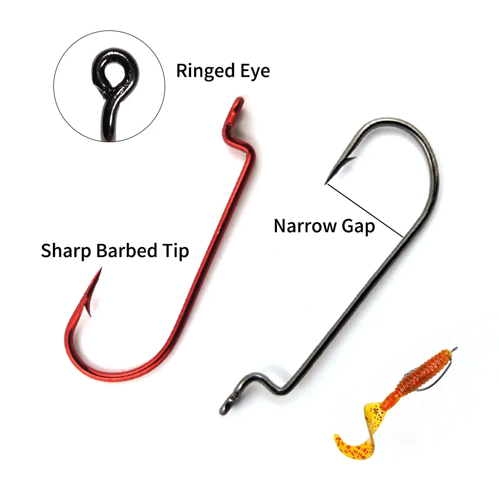 Elllv-anzuelo de gusano de manivela estrecha de acero con alto contenido de carbono, gancho de cebo suave para pesca de lubina, aparejo de Carolina, 6 # - 5/0 #, níquel negro y rojo, 20 piezas - imagen 3