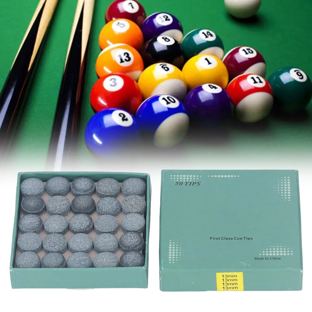 50 Uds. Caja de almacenamiento de puntas de tacos de billar de cuero, puntas de tacos de billar adhesivas, repuesto de varios tamaños, tacos de billar - imagen 3